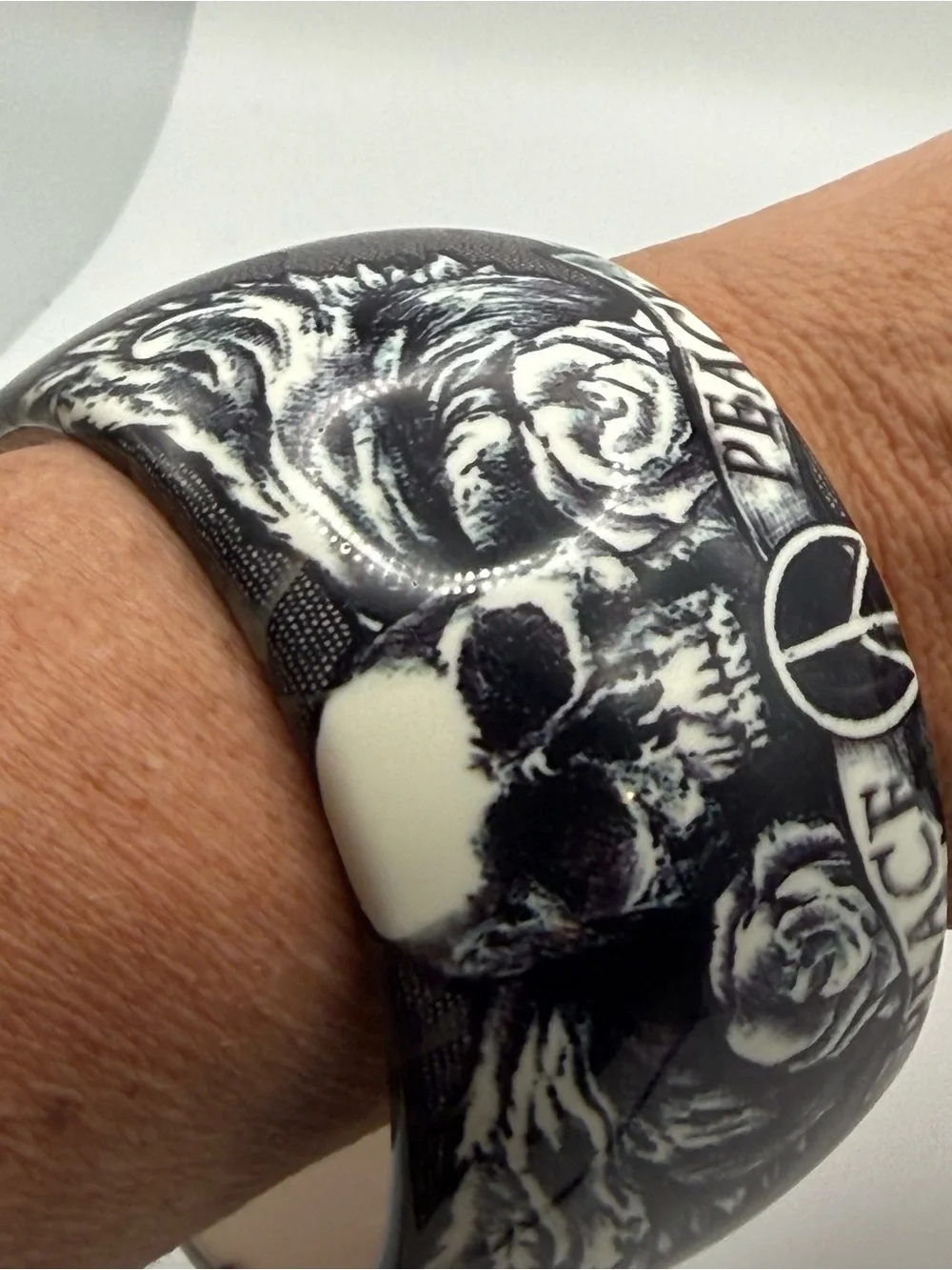 Ed Hardy Hope Peace Skull Rose Wide Bangle Bracelet Black White Y2K Tattoo